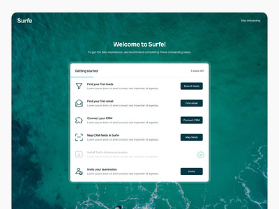 Onboarding steps — Surfe UI app branding components dashboard dashboard onboarding design system get started home install app onboarding steps product product design product onboarding progress bar saas skip onboarding ui design ui ux visual design watch demo