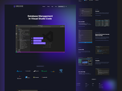 Landing Page Dbcode code website custom sql data visualization entity relationship diagrams features inline sql help installation notebooks secure report sharing stored procedures view and edit vscode