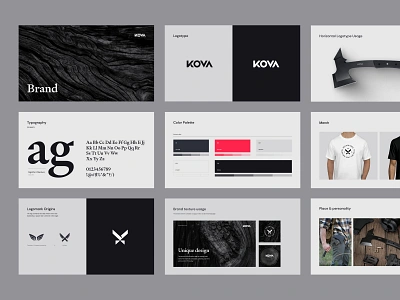 KOVA Brand Guidelines black blades brand guide brand guidelines brandbook branding color palette gray guide hatchet knife logo design logotype texture typography wood