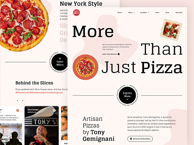 Slice House Landing Page beige black dark mode dark themed fooddrink graphic design landing page large hero light mode light themed pasta pizza pizza lovers product carousel red restaurant social media carousel vibrant colors webdesign