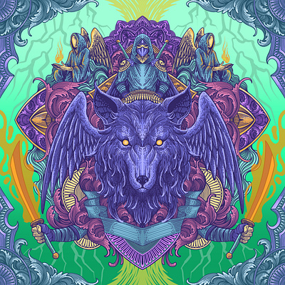 Wolf Head Surrealism Artwork animal apparel design clothing design decorative floral hand drawn illustration line art mandala merchandise design ornament surrealism wings wolf wolf head wolfordeer