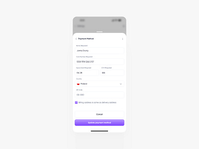 Mobile - Payment Method black button clean daily dailyui design figma gray input minimal mobile payment purple ui uiux ux white