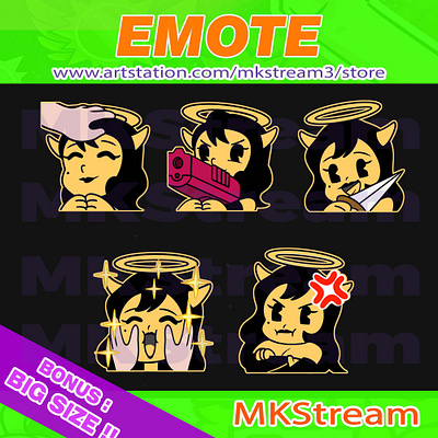 Twitch emotes Alice Angel (vintage retro) pack #1 alice alice angel alice angel emotes angry animated emotes anime bendy bendy and the ink machine cute design emote emotes girl head patted illustration knife pistol sub badge twitch emotes vintage