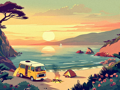 Camping on the beach art beach camp camping clouds evening getaway illustration illustrator island landscape mountains ocean outdoor roadtrip rv sea summer sunset van