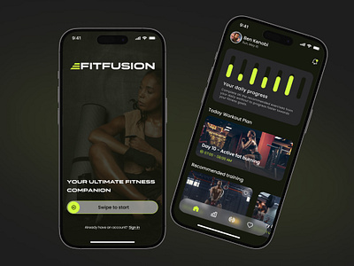 FitFusion | Fitness Mobile App chart daily ui dark mode fitness get started home page navigation bar onboarding product cards sign in sign up ui ui trends ux welcome screen