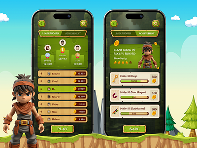 Jungle Adventure Runner Game App Design - Game Leaderboard achivement adventure character game game app game app design game app ui game art game design game interface game leaderboard game ui gamer leaderboard mobile game pixel art play player run subway surfer