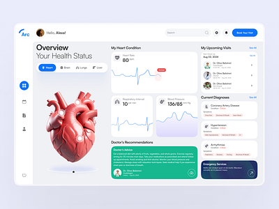 Arc - Health Monitoring Dashboard Design advice blood pressure ui current diagnoses dashboard dashboard ui diagnoses doctors advice emergency health services health monitoring dashboard healthcare heart beat heart health ui heart rate medical history medications patients dashboard upcoming visits ux ui web app