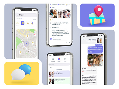 App for dog owners around the world branding chat colorful dog app dog care dog lovers dog owners locations logo map pet pet friendly rover social social app ui