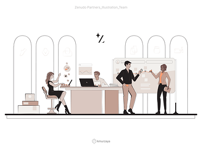 Illustration of Sales Team _ Zenudo Partners advertising arch beige coral coworker detailed ecommerce fashion brand illustration man marketing office people sales star team woman