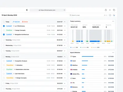 Platform for time tracking. app design charts design digital interaction product design projects saas tasks time time management time tracker timer to do list ui ui design ux web web app webdesing