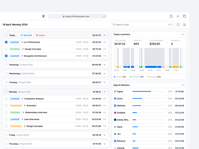 Platform for time tracking. app design charts design digital interaction product design projects saas tasks time time management time tracker timer to do list ui ui design ux web web app webdesing