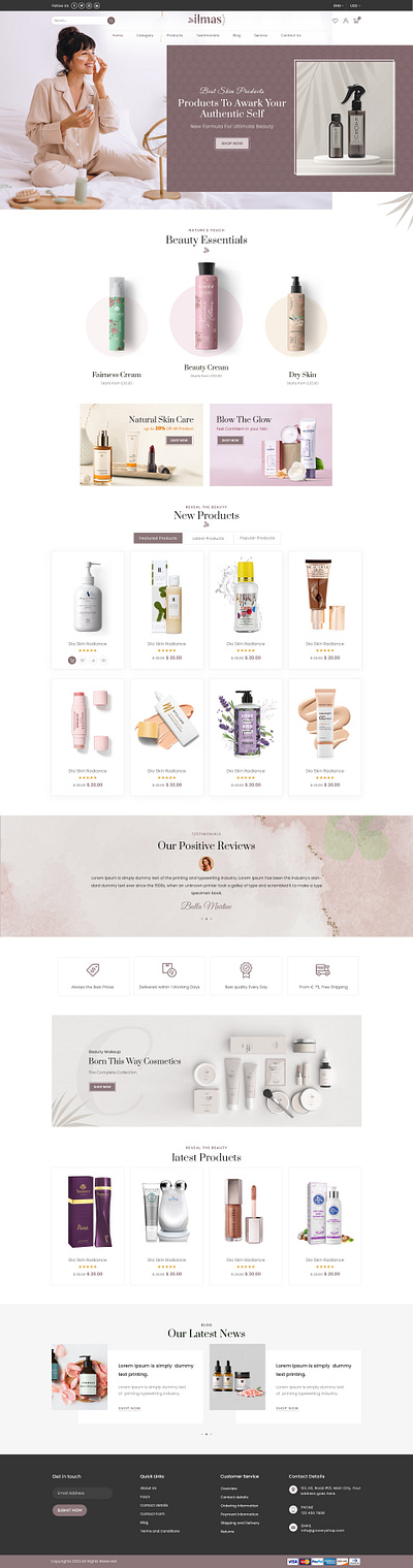 Cosmetic website 3d background banner blog branding cosmetic design footer graphic design header illustration logo motion graphics products slider testimonials theme ui vector website