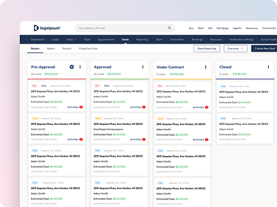 Kanban UI cards dashboard deal design kanban real estate tags ui ux