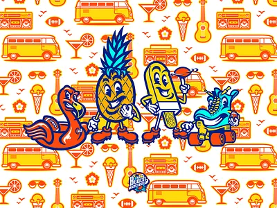 Beach Flag Cup Team '24 beach beach flag football beachside creatures branding character design flag football flamingo graphic design ice cream illustration logo mascot mascot design pineapple roller skate sports branding sports identity sports logo vector