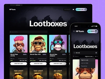 NFT Loots: Lootboxes 3d ai app blockchain crypto gambling gameplay landing page lootbox midjourney modern neon nft nftloots token ui usdt ux web3 website