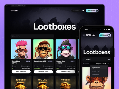 NFT Loots: Lootboxes 3d ai app blockchain crypto gambling gameplay graphic design landing page lootbox midjourney modern neon nft token ui usdt ux web3 website