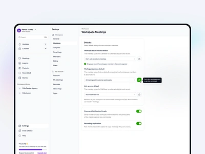 Call Wave - Settings Page ai meeting assistant call collaboration filllo google meet meeting meeting page meetingnotes record call remotework saas settings sharing teamwork uiux webaap website design zoom