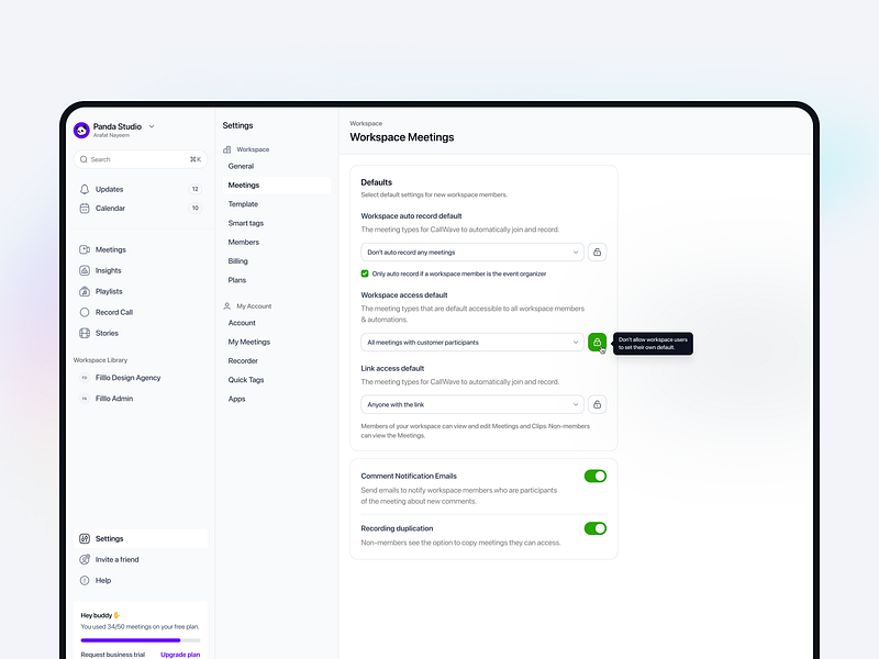 Call Wave - Settings Page ai meeting assistant call collaboration filllo google meet meeting meeting page meetingnotes record call remotework saas settings sharing teamwork uiux webaap website design zoom