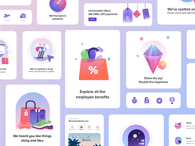 Illustrations for Tata Neu 3d branding empty states flights gradients holiday hotels iconography icons illustration india playful product rewards shapes travel ui user interface vacation vector