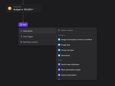 Action list for Automation Builder action list app automation builder component dark dark mode dashboard ui ux webapp workflow