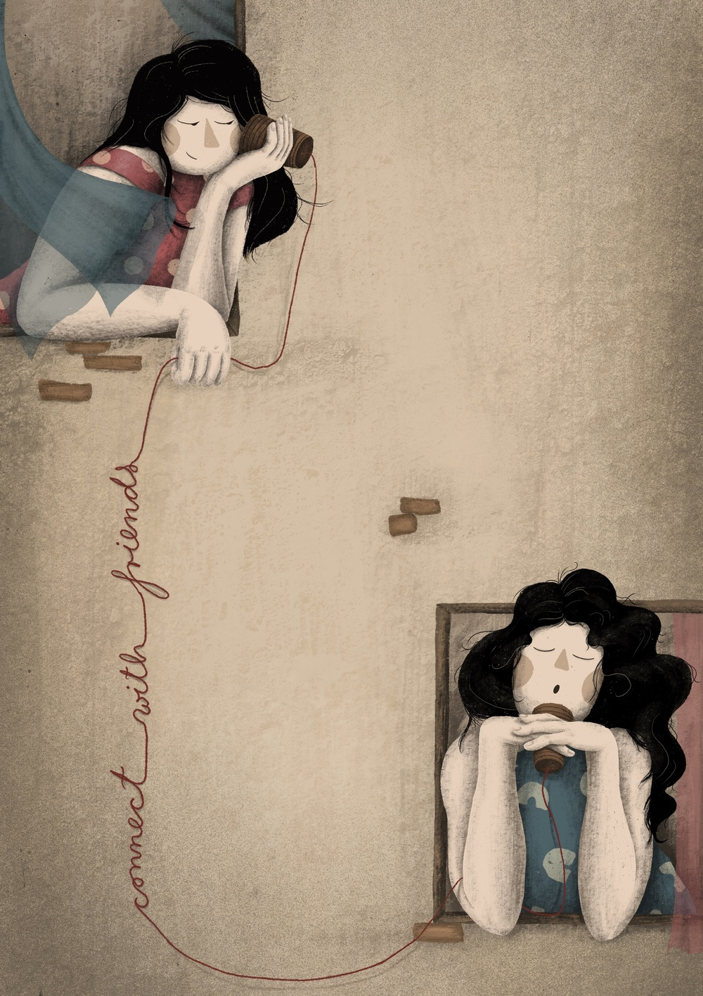 Friends artwork cartoon chill connect connect with friends connection cute illustration female artist friends girl girlfriends illustrated characters illustration love on the phone secrets sharing string phone talking windows