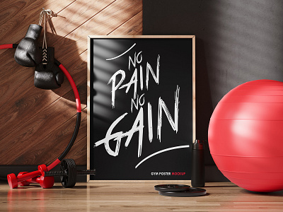 Wood Poster Frame In Gym Mockup PSD fitness gloves gym mockup poster