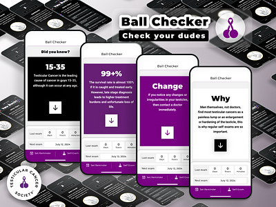 Testicular Cancer Society's Ball Checker App for Self Exams android app atomic robot cancer cancer awareness design design system figma graphic design ios mens health mobile app preventative care self exam self health tcs testicular cancer testicular cancer society ui ux