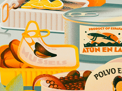 Canned Seafood - style&color practice canned seafoods grain illustration seafoods texture vintage