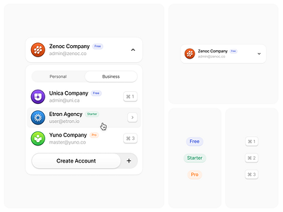 Switch Company Account 🏢 account business button clean company component dashboard design dropdown icon interface logo minimal personal saas simple tab tag ui web