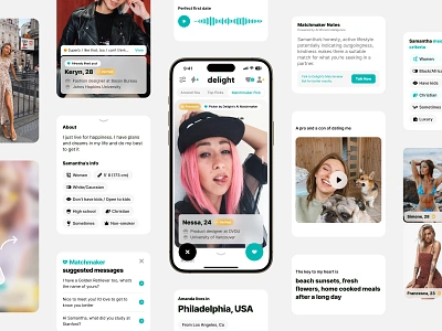 UI elements. Delight Dating mobile app. iOS. Social dating datingapp design elements find ios love match matching meet messenger app minimal mobile mobile app partner person recommend relationship ui ui elements