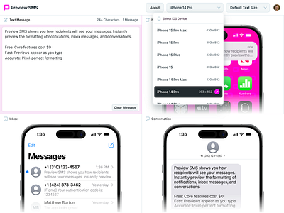 Preview SMS app browser device dropdown dynamic island hover ios iphone iphone 14 pro menu message mobile preview react selection shadow sms text ui web