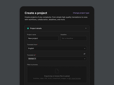 Project creation wizard create project dark dark mode dark theme design product product design project project creation project wizard steps ui ui design ux ui wizard