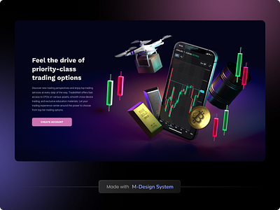 Landing Page for Fintech | M-Design System 3d app bitcoin chart crypto cryptocurrency dark mode fintech graphic design landing landing page mobile app promo promotion purple trading ui web web 3 website