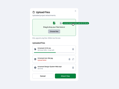 Upload Files | ⛬ Green theme 123done button clean design system figma file minimalism modal ui ui kit upload upload file