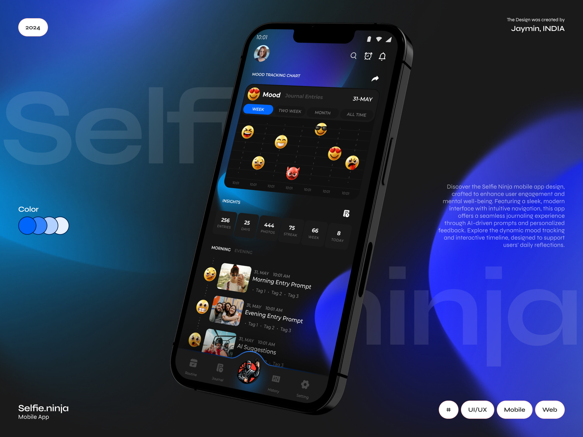 Selfie Ninja: AI-Powered Journaling App Design aidrivendesign creativedesign designportfolio dribbble graphicdesign interactivetimeline intuitivenavigation journalingapp mentalwellbeingapp mobileappdesign moderninterface moodtrackingapp responsivedesign uiuxdesign userexperience