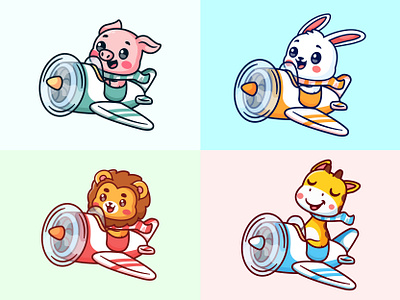 AirCraft 🐷 🐰 🦁 🦒 air aircraft animal bunny cartoon character cute icon illustration jaysx1 lion mark mascot palne pig plane vector