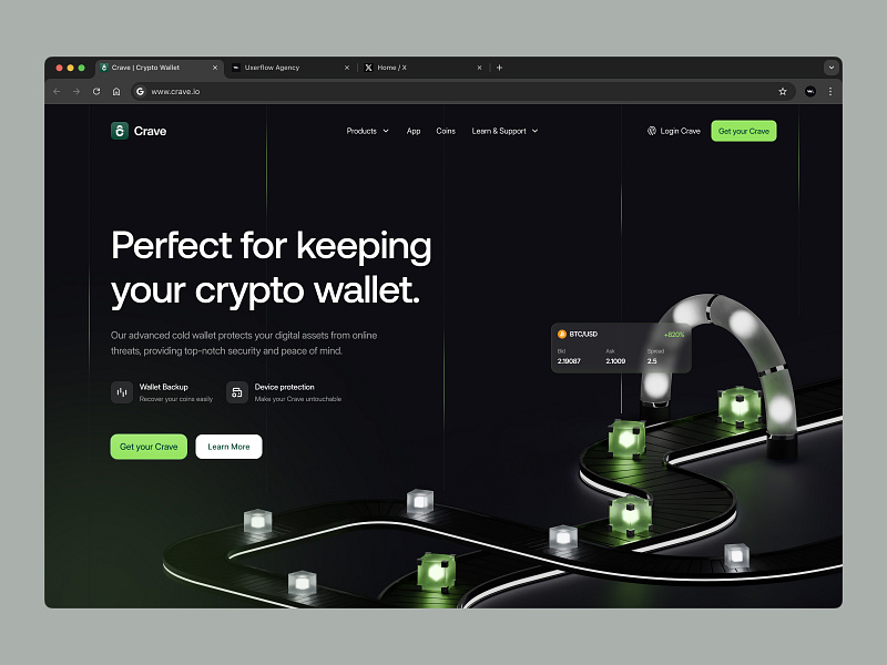 Crave - Crypto Wallet 3d bitcoin blockchain branding clean crypto cryptocurrency dark design hero landing page token ui uidesign ux uxdesign wallet web design web3 website