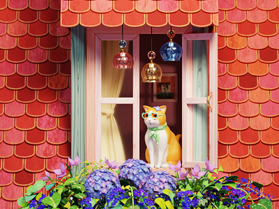 Afternoon Moments in the Attic 3d 3dart animal animation attic blender cat cozy cute digitalart diorama environment flower geometrynodes illustration modeling pet plant render summer