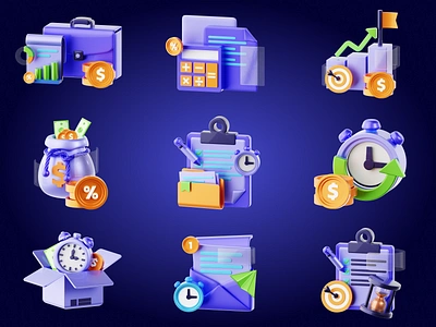 3D Time Management Illustrations 3d 3d illustration blender design envelope goals hourglass illustration money bag time time management timer ui