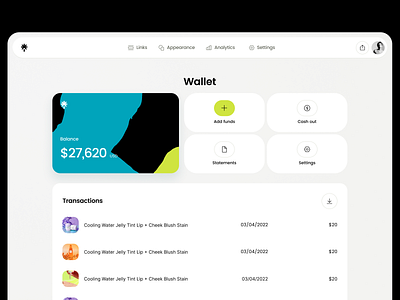 Linktree Wallet admin card clean credit card dashboard fintech minimal modern simple ui ux website
