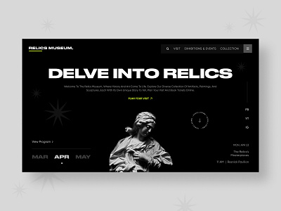 Relics Museum Website Design art artist artwork banner design dark theme event exhibition gallery history home page landing page mesuem museum of art ui design uiux web design website