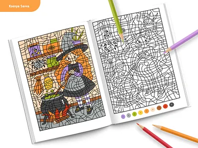 Cute cartoon witch, color by numbers page for children activity adobe illustrator book by number cartoon character children color by number coloring design for kids girl halloween illustration magic page painting vector witch