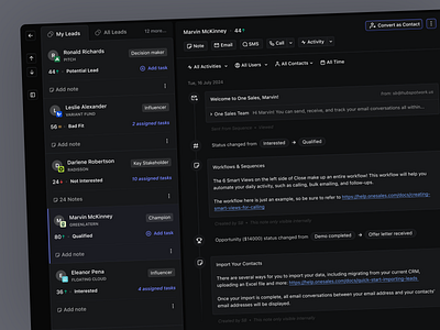 CRM - Leads Detail Page activity builder clean crm dark theme design system detail page form icons input lead list page navigation search styleguide tags timeline web website widgets