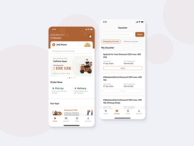 Caffeine (Coffee Shop Mobile App) - Homescreen & Voucher android coffee delivery ecommerce home illustration interface ios list marketplace menu mobile app mobile ui order sales shop ui uiux ux