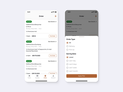 Caffeine (Coffee Shop Mobile App) - Order List & Filter android coffee ecommerce filter filter list interface ios mobile app mobile ui order order list sales shop ui uiux ux