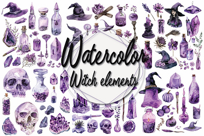 Watercolor witch elements - high quality, transparent background halloween watercolor witch element