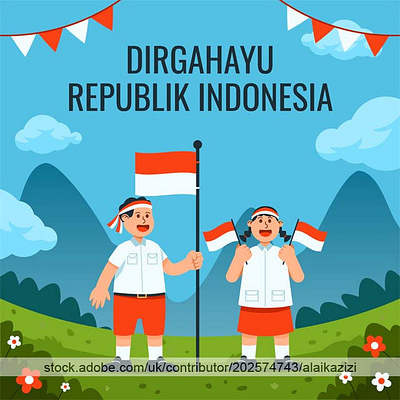 School Kids Raising Red White Flags 17 agustus dirgahayu flat illustration independence day indonesia kemerdekaan republik vector