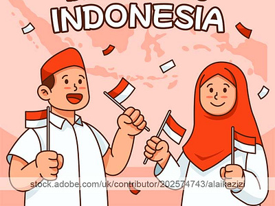 Handdrawn Moslem Teens Raising Red White Flag 17 agustus dirgahayu flat illustration indonesia islam kemerdekaan moslem muslim republik vector