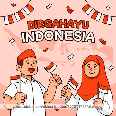 Handdrawn Moslem Teens Raising Red White Flag 17 agustus dirgahayu flat illustration indonesia islam kemerdekaan moslem muslim republik vector