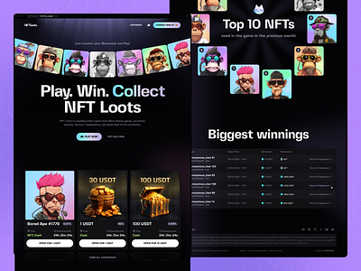 NFT Loots: Landing page 3d ai blockchain crypto desktop landing gambling gameplay graphic design landing page lootbox midjourney mobile landing modern neon nft loots token ui usdt ux web3